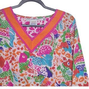 Gretchen Scott Women's Medium Beach Mixed Print Cotton Blouse V-Neck Whimsical